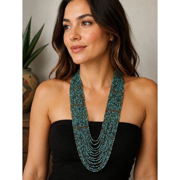 Boho Imports Jewelry - Multi Strand Turquoise Seed Bead Bib Necklace Boho Southwestern Statement Heavy